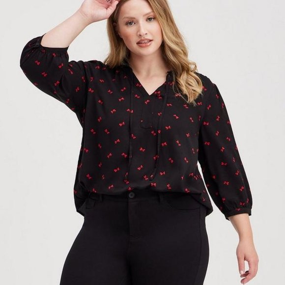 Torrid Rayon Twill Tie Neck Red Bow Top - Picture 3 of 16